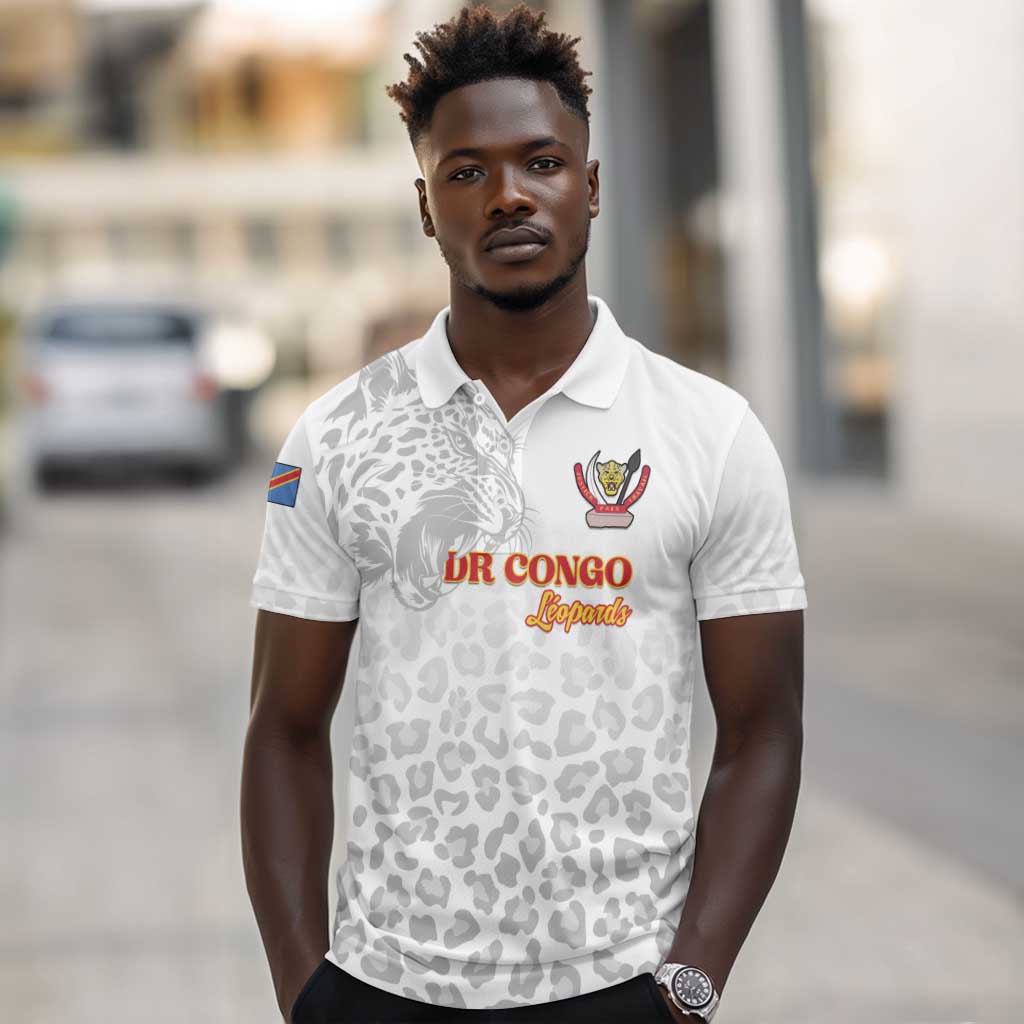 Afro DR Congo Football Custom Polo Shirt Viva Les Leopards - White LT15