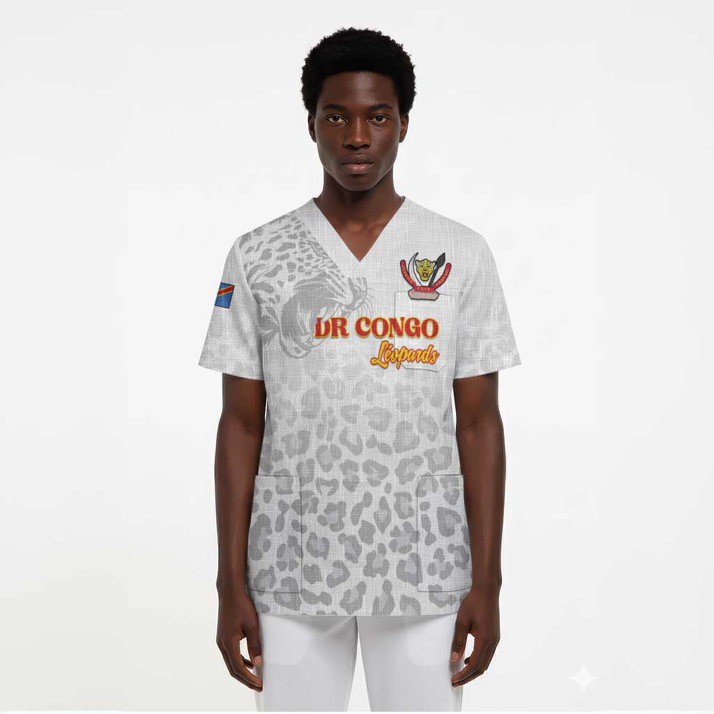 Afro DR Congo Football Custom Scrub Top Viva Les Leopards - White - African Pride