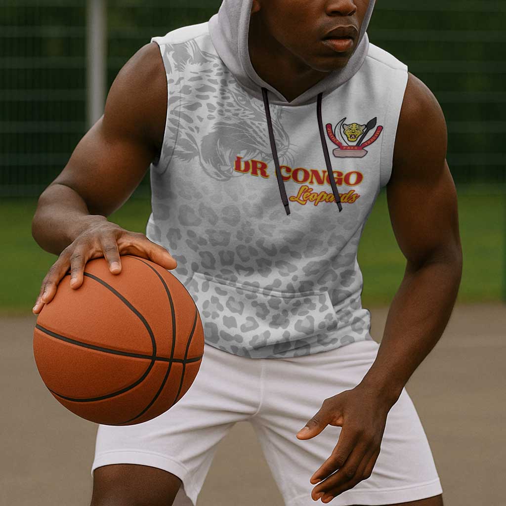 Afro DR Congo Football Custom Sleeveless Hoodie Viva Les Leopards - White - African Pride
