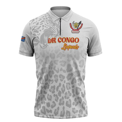 Custom DR Congo Football Zipper Polo Shirt Go Champions Leopards - White
