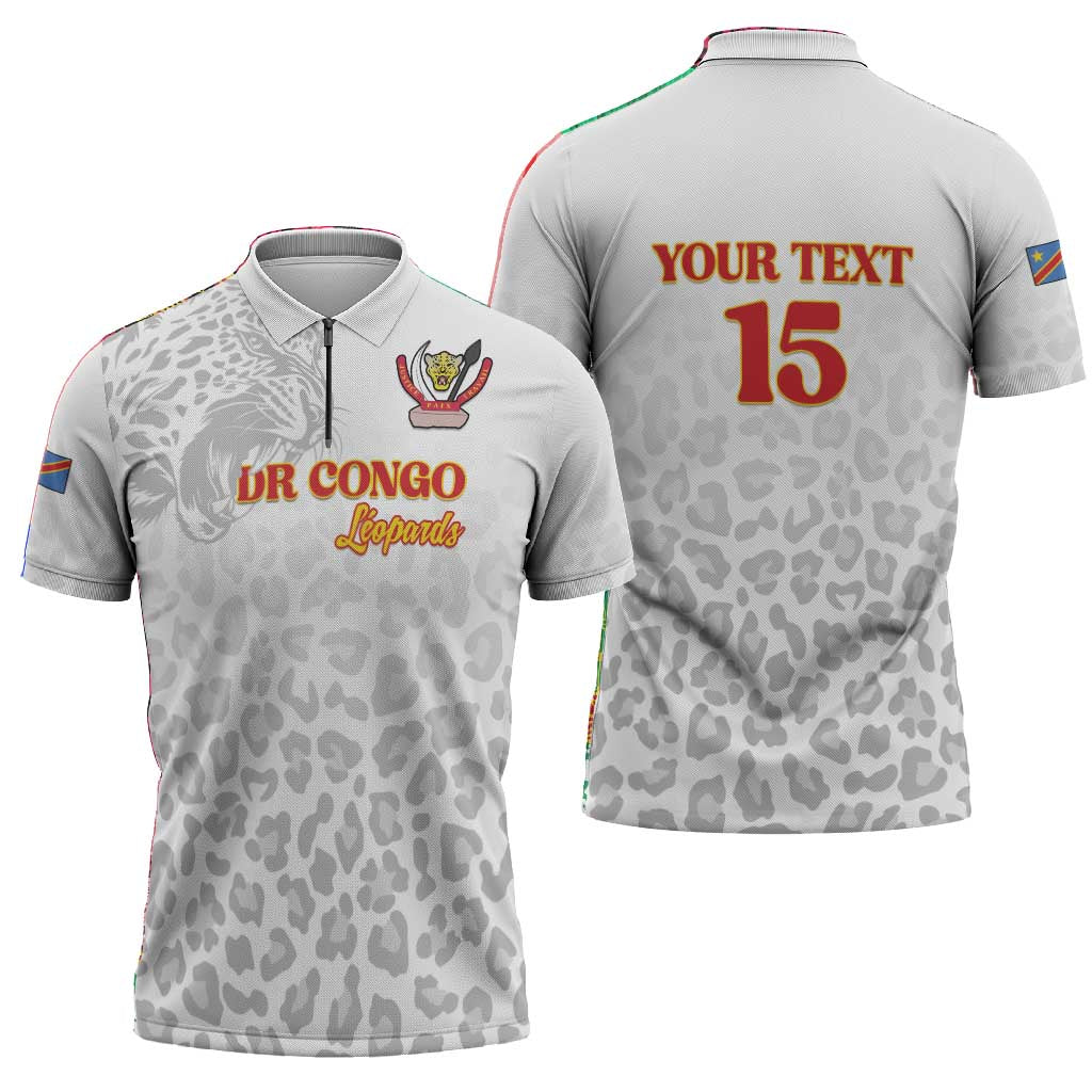 Custom DR Congo Football Zipper Polo Shirt Go Champions Leopards - White