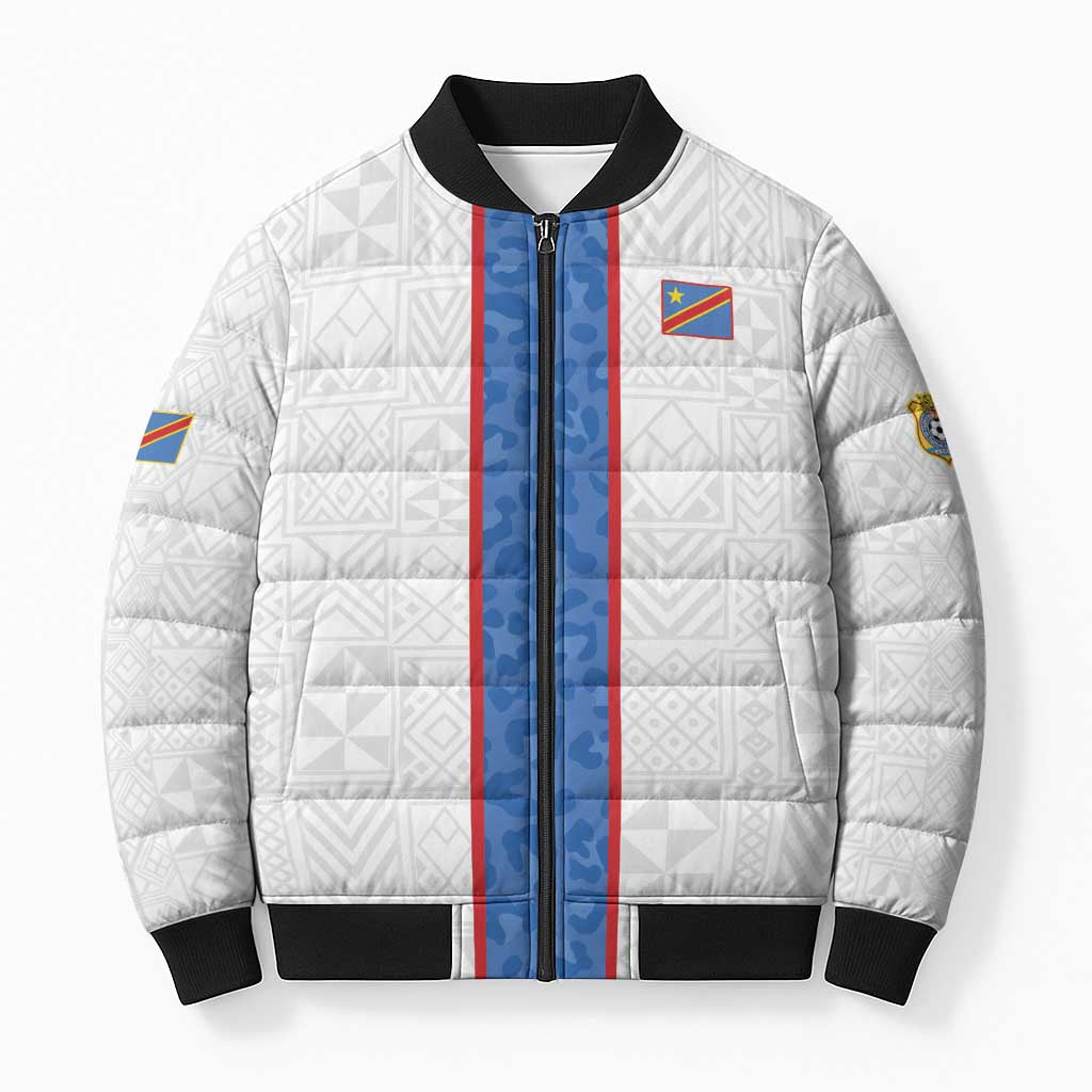 Custom DR Congo Football Bomber Puffer Jacket Leopards Mix Kuba Raffia Pattern