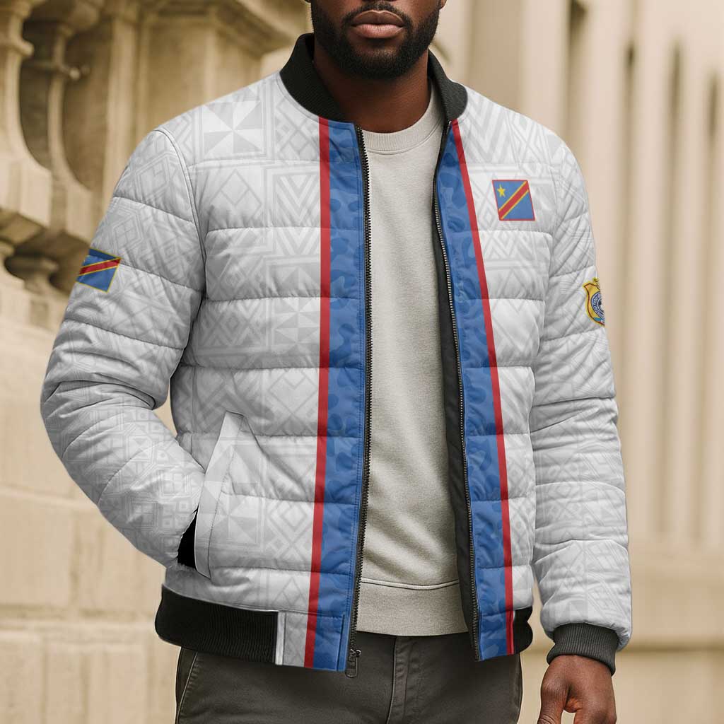 Custom DR Congo Football Bomber Puffer Jacket Leopards Mix Kuba Raffia Pattern