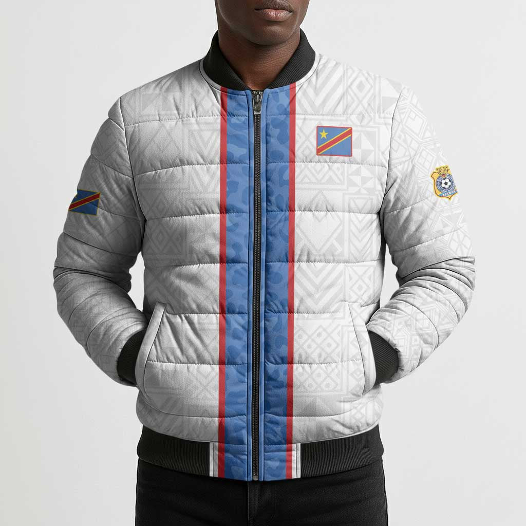 Custom DR Congo Football Bomber Puffer Jacket Leopards Mix Kuba Raffia Pattern