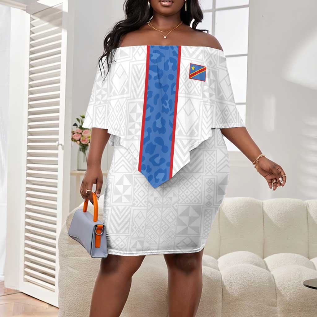 Afro DR Congo Football Custom Off Shoulder Short Dress Leopards Never Give Up - African Pride