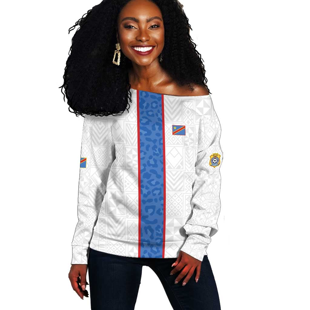 Afro DR Congo Football Custom Off Shoulder Sweater Leopards Never Give Up - African Pride