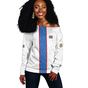 Afro DR Congo Football Custom Off Shoulder Sweater Leopards Never Give Up - African Pride