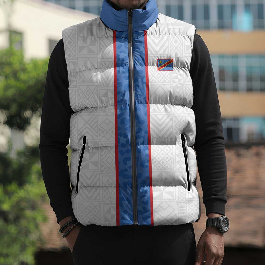 Custom DR Congo Football Sleeveless Puffer Jacket Leopards Mix Kuba Raffia Pattern