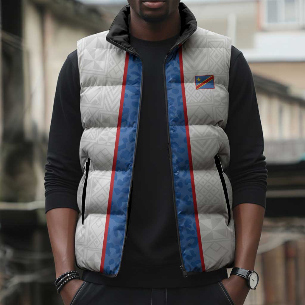 Custom DR Congo Football Sleeveless Puffer Jacket Leopards Mix Kuba Raffia Pattern