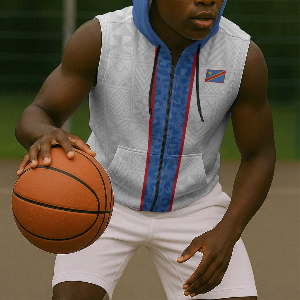 Afro DR Congo Football Custom Sleeveless Zip Hoodie Leopards Never Give Up - African Pride