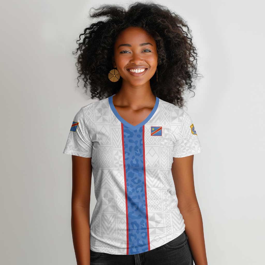 Afro DR Congo Football Custom Women V-Neck T-Shirt Leopards Never Give Up LT15