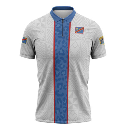 Custom DR Congo Football Zipper Polo Shirt Leopards Mix Kuba Raffia Pattern