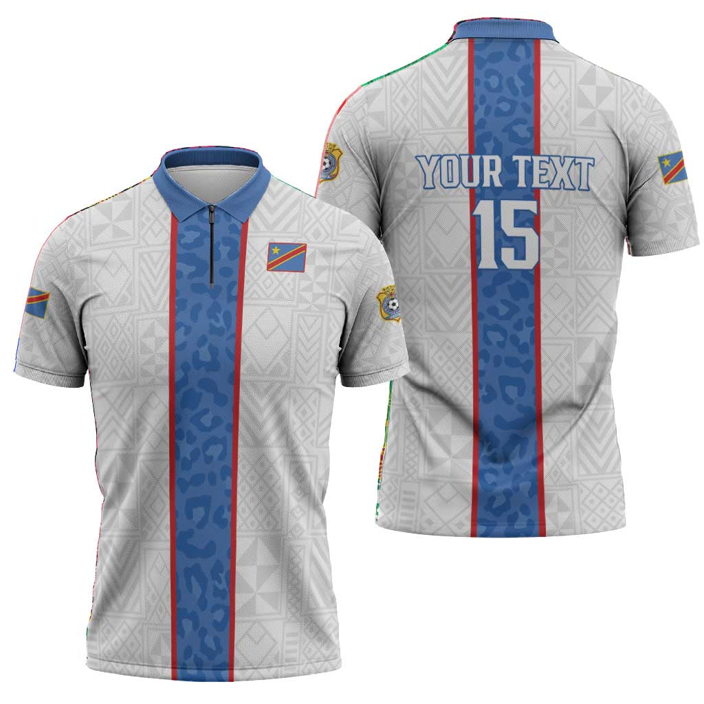 Custom DR Congo Football Zipper Polo Shirt Leopards Mix Kuba Raffia Pattern