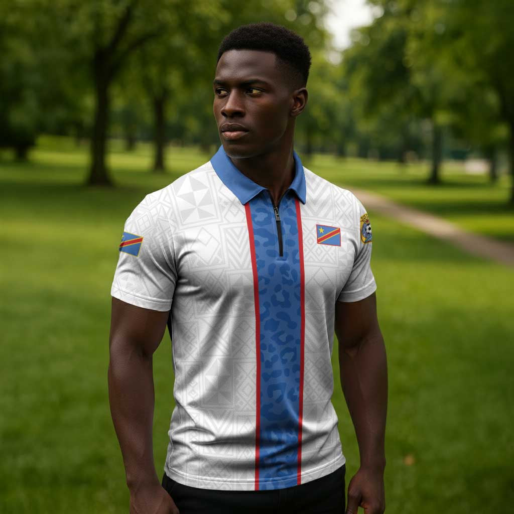 Custom DR Congo Football Zipper Polo Shirt Leopards Mix Kuba Raffia Pattern