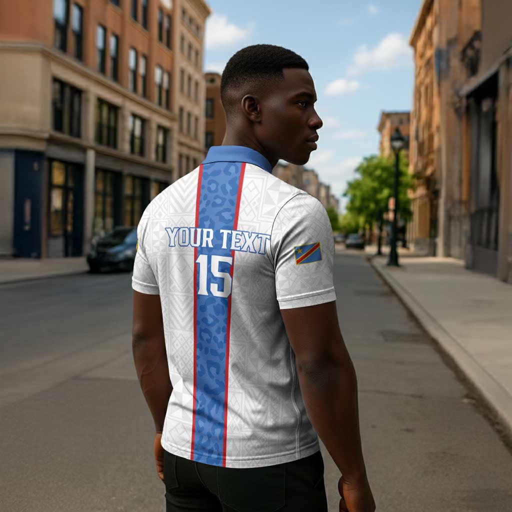 Custom DR Congo Football Zipper Polo Shirt Leopards Mix Kuba Raffia Pattern