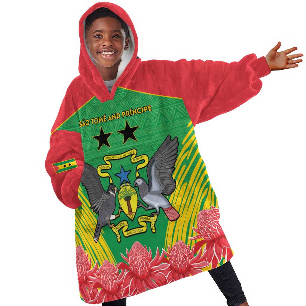 Personalized Afro Sao Tome and Principe Kid Wearable Blanket Hoodie Coat Of Arms - African Pattern