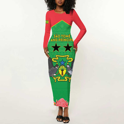 Personalized Afro Sao Tome and Principe Long Sleeve Bodycon Dress Coat Of Arms - African Pattern LT15