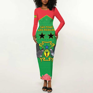 Personalized Afro Sao Tome and Principe Long Sleeve Bodycon Dress Coat Of Arms - African Pattern