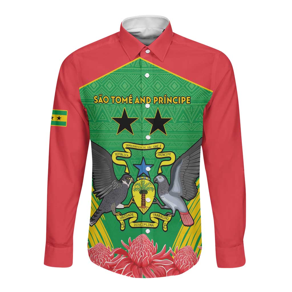 Personalized Afro Sao Tome and Principe Long Sleeve Button Shirt Coat Of Arms - African Pattern