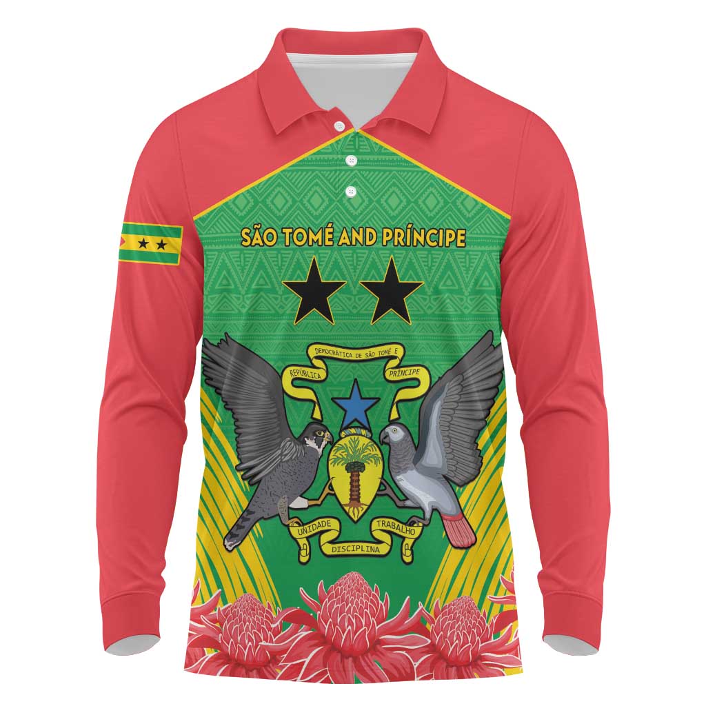 Personalized Afro Sao Tome and Principe Long Sleeve Polo Shirt Coat Of Arms - African Pattern