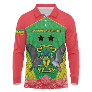 Personalized Afro Sao Tome and Principe Long Sleeve Polo Shirt Coat Of Arms - African Pattern