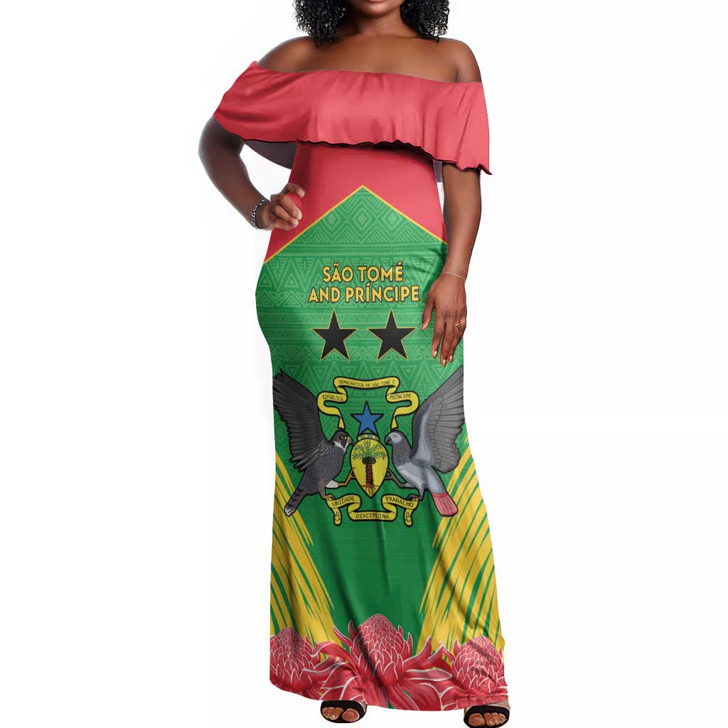 Personalized Afro Sao Tome and Principe Off Shoulder Maxi Dress Coat Of Arms - African Pattern