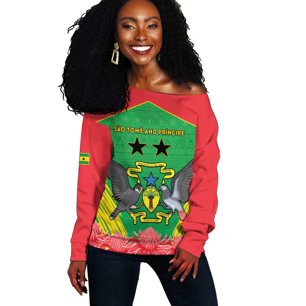 Personalized Afro Sao Tome and Principe Off Shoulder Sweater Coat Of Arms - African Pattern