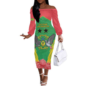 Personalized Afro Sao Tome and Principe Off The Shoulder Long Sleeve Dress Coat Of Arms - African Pattern