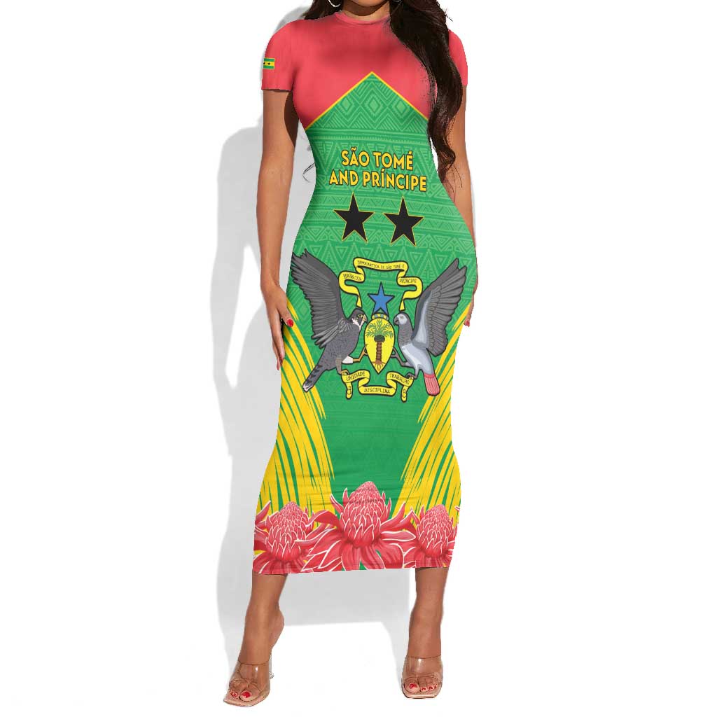 Personalized Afro Sao Tome and Principe Short Sleeve Bodycon Dress Coat Of Arms - African Pattern