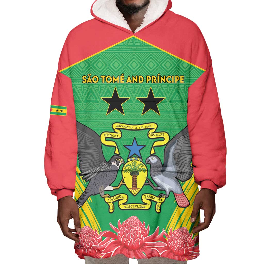 Personalized Afro Sao Tome and Principe Wearable Blanket Hoodie Coat Of Arms - African Pattern