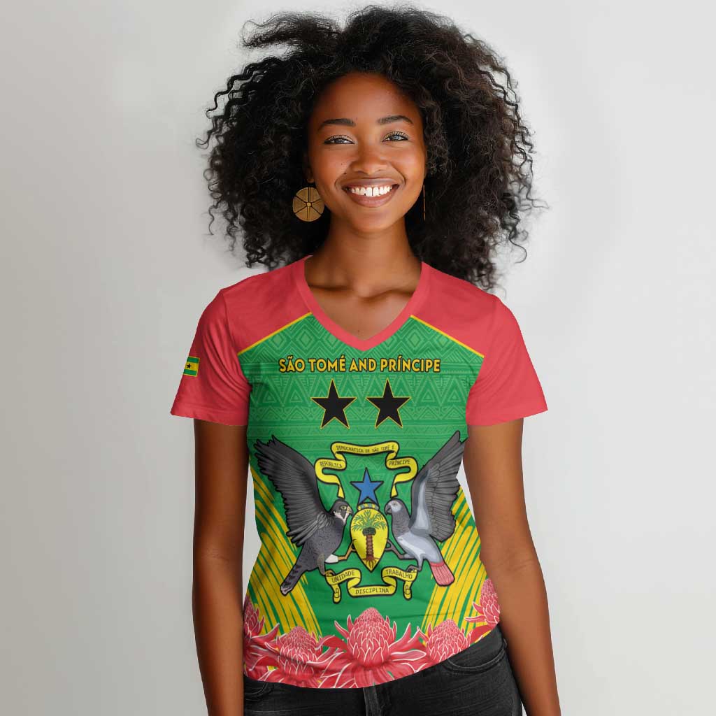 Personalized Afro Sao Tome and Principe Women V-Neck T-Shirt Coat Of Arms - African Pattern