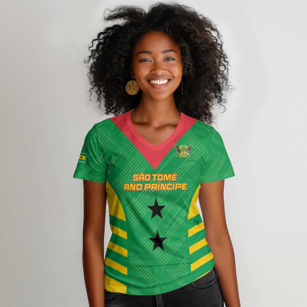 Sao Tome and Principe Football Custom Women V-Neck T-Shirt Sporty Style - Green Color