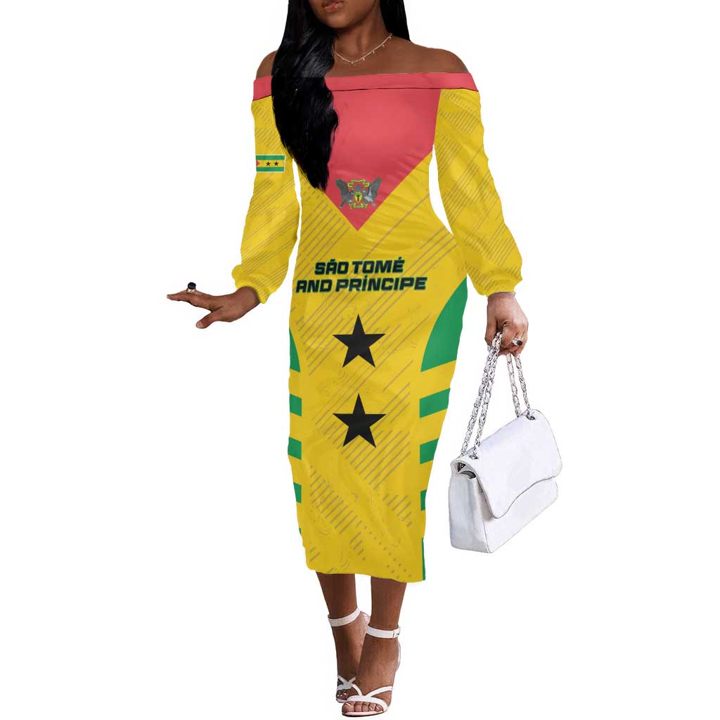 Sao Tome and Principe Football Custom Off The Shoulder Long Sleeve Dress Sporty Style - Yellow Color