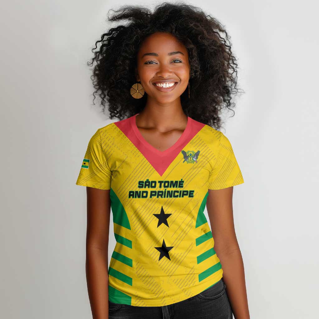 Sao Tome and Principe Football Custom Women V-Neck T-Shirt Sporty Style - Yellow Color