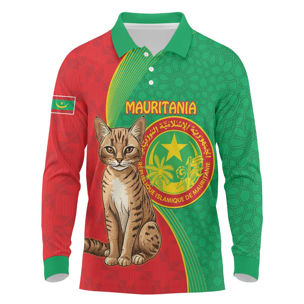 Personalized Mauritania Long Sleeve Polo Shirt Felis Lybica - Islamic Mix African Pattern