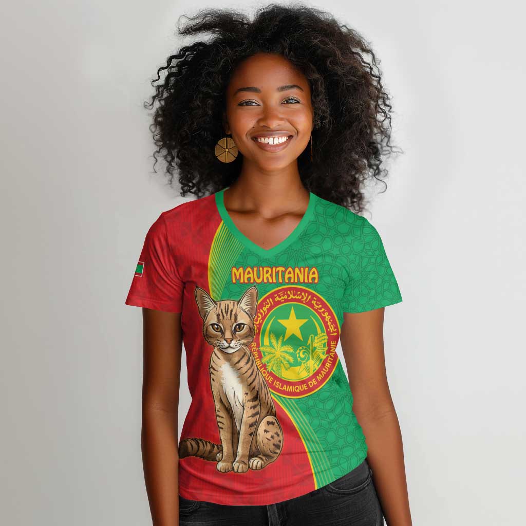 Personalized Mauritania Women V-Neck T-Shirt Felis Lybica - Islamic Mix African Pattern