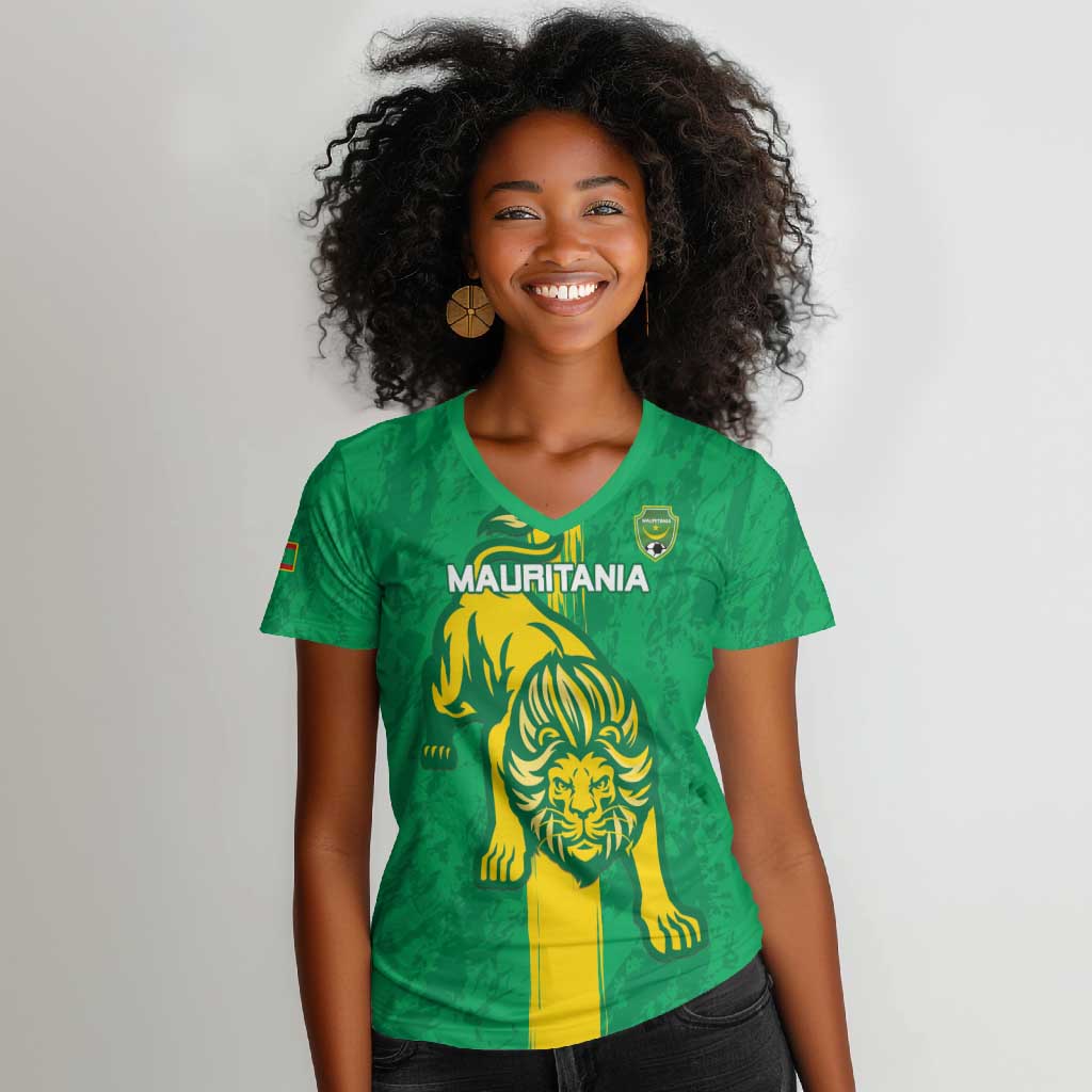 Custom Mauritania Football Women V-Neck T-Shirt Go Lions of Chinguetti