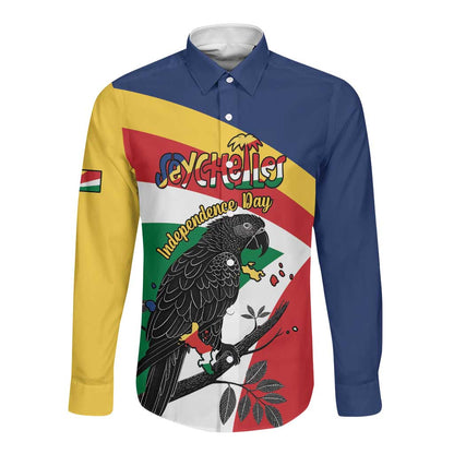 Personalized Happy Seychelles Independence Day Long Sleeve Button Shirt Black Parrot Coat Of Arms