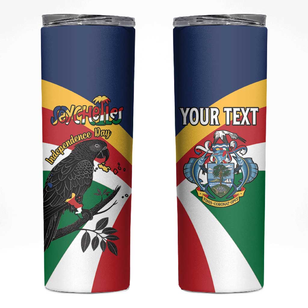 Personalized Happy Seychelles Independence Day Skinny Tumbler Black Parrot Coat Of Arms