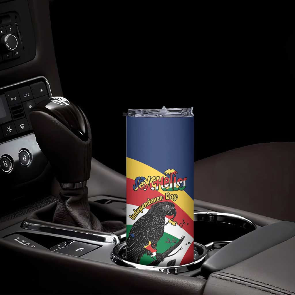 Personalized Happy Seychelles Independence Day Skinny Tumbler Black Parrot Coat Of Arms