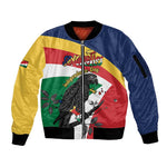 Personalized Happy Seychelles Independence Day Sleeve Zip Bomber Jacket Black Parrot Coat Of Arms