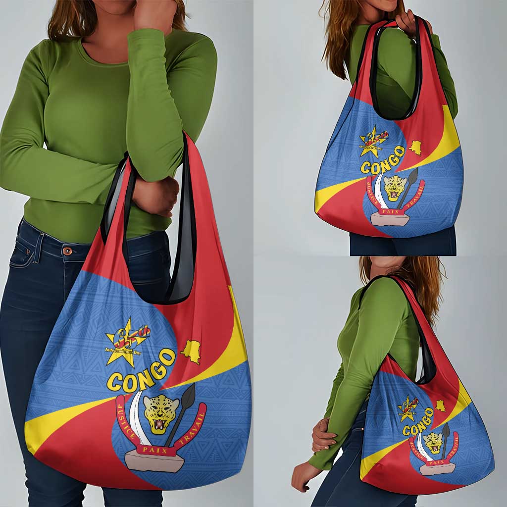Congo-Kinshasa Independence Day Grocery Bag Coat Of Arms - African Pattern
