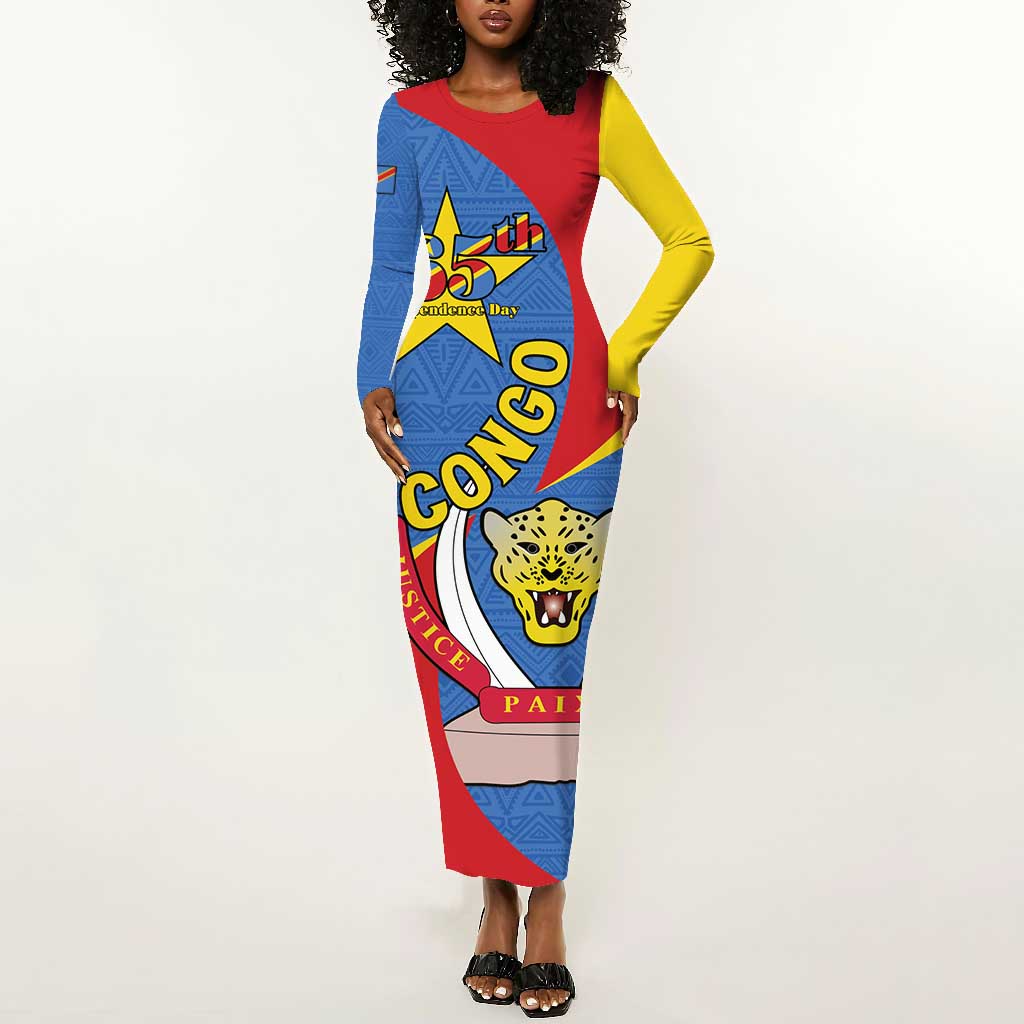 Congo-Kinshasa Independence Day Long Sleeve Bodycon Dress Coat Of Arms - African Pattern LT15