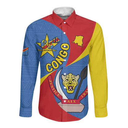 Congo-Kinshasa Independence Day Long Sleeve Button Shirt Coat Of Arms - African Pattern
