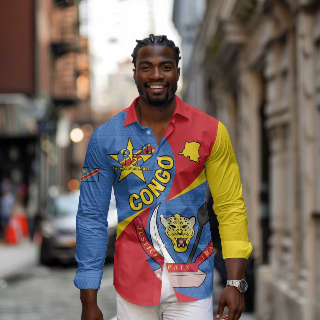 Congo-Kinshasa Independence Day Long Sleeve Button Shirt Coat Of Arms - African Pattern