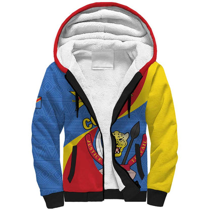 Congo-Kinshasa Independence Day Sherpa Hoodie Coat Of Arms - African Pattern