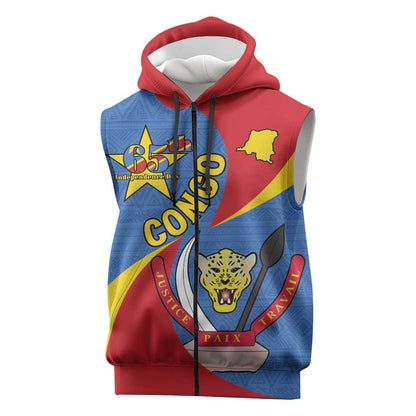 Congo-Kinshasa Independence Day Sleeveless Zip Hoodie Coat Of Arms - African Pattern - African Pride