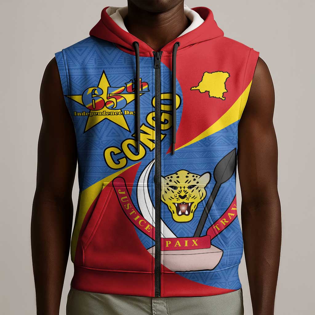 Congo-Kinshasa Independence Day Sleeveless Zip Hoodie Coat Of Arms - African Pattern - African Pride