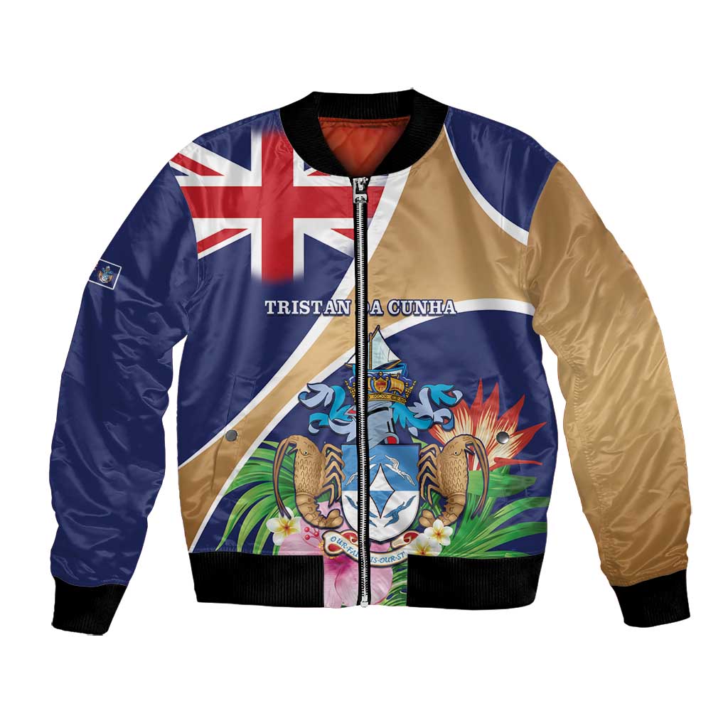Personalized Tristan da Cunha Bomber Jacket Coat Of Arms Tropical Flowers