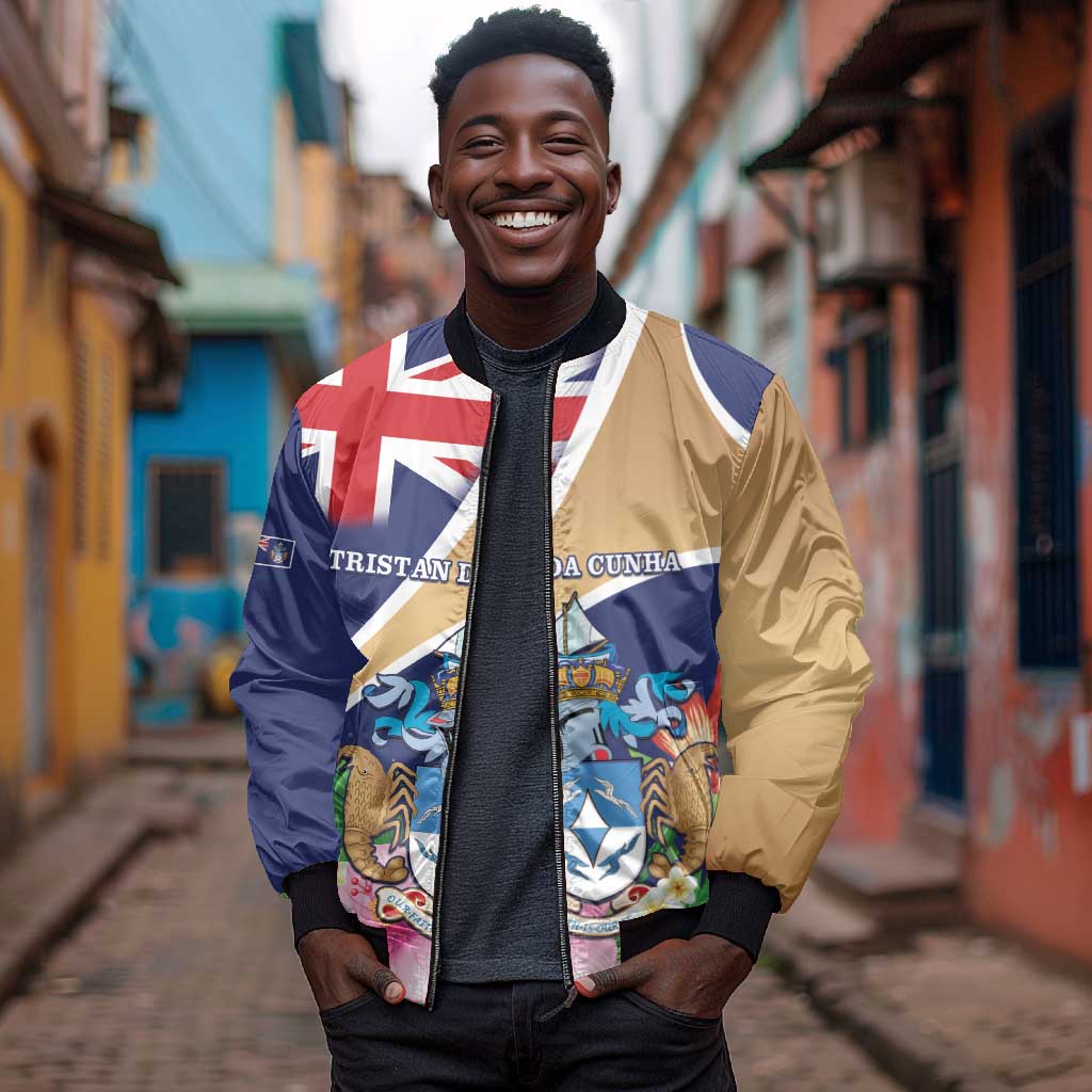 Personalized Tristan da Cunha Bomber Jacket Coat Of Arms Tropical Flowers